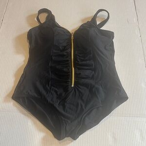 Miraclesuit Black classic Swimsuit with Gold Zipper padded bra support stretchy